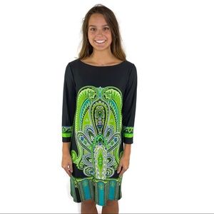 Tiana B Black & Turquoise Long Sleeve Easy Wear No Wrinkle Dress size Small